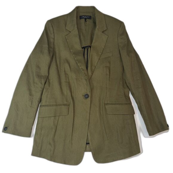 Rag & Bone Olive Army Green  Linen Blend Blazer Classic Women Size 4 - Picture 5 of 13